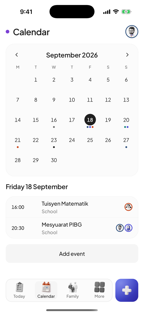 Skrin Kalendar menunjukkan satu bulan penuh dan acara pada 18 September