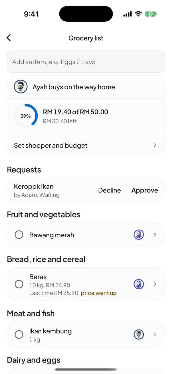 Skrin Senarai barang dengan bajet RM 50.00 dan harga kali lepas