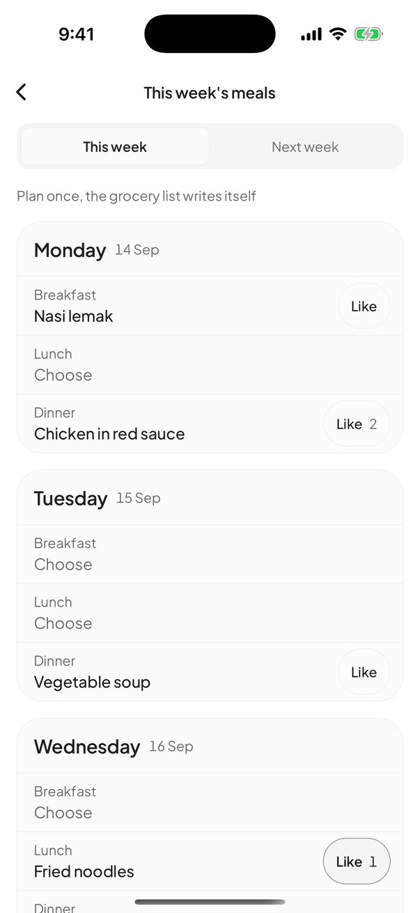Skrin Menu minggu ini menunjukkan sarapan, makan tengah hari dan makan malam