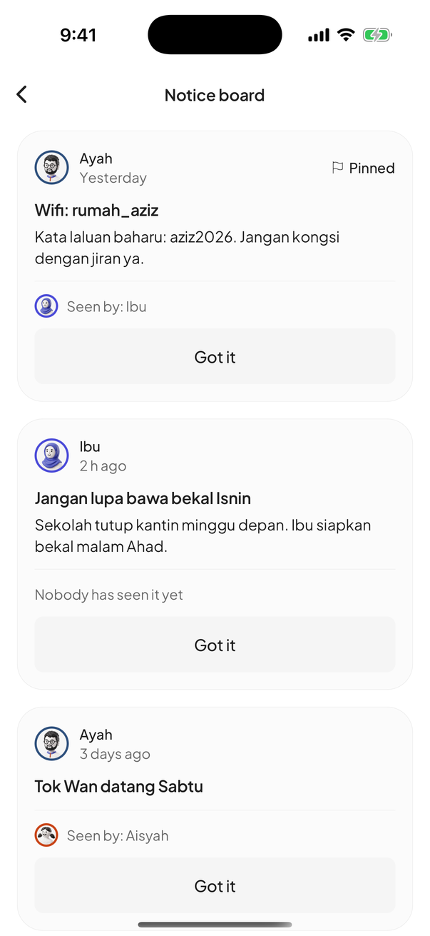 Skrin Papan notis menunjukkan pengumuman keluarga dan siapa sudah membacanya