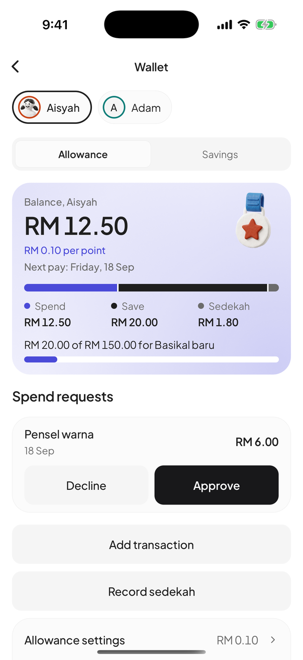 Skrin Dompet menunjukkan baki RM 12.50, permintaan belanja dan tetapan elaun